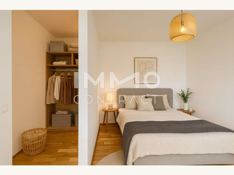 Eigentumswohnung Wien: Visualisierung Schlafzimmer mit begehbarem Schrank Visualisierung Schlafzimmer mit begehbarem Schrank