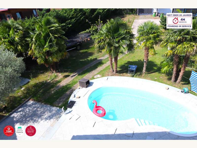 Einfamilienhaus Wien: Dachzimmer mit Blick auf Pool, Garten und Palmen Dachzimmer mit Blick auf Pool, Garten und Palmen